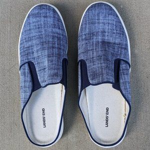 Lands' End Slip On Hard Sole Memory Foam Blue Chambray Clog Slippers, Size 8B